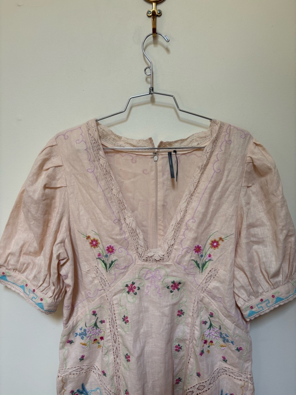 NWOT By Anthropologie Linen Blend Puff-Sleeve V-Neck Mini Dress Size 14 - Picture 5 of 16